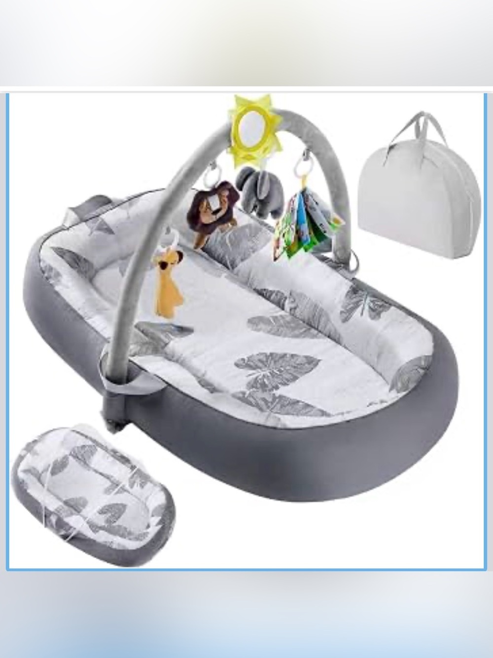 Gray Leaf Pattern Infant Activity Bassinet with Toy Arch